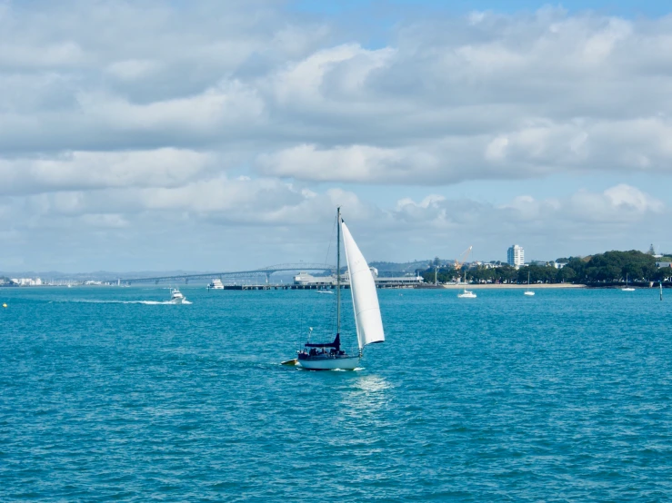 sailboat on the open water with tall buildings