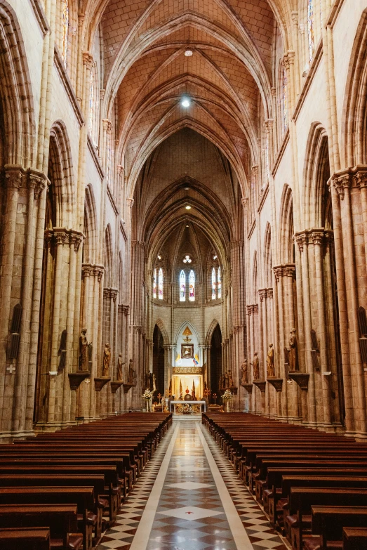 a view of a church interior looking into the pews