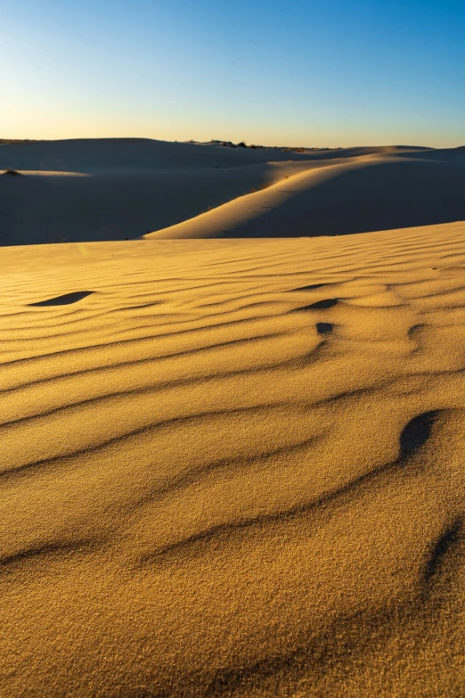 sand dunes with small footprints in the distance at sunset