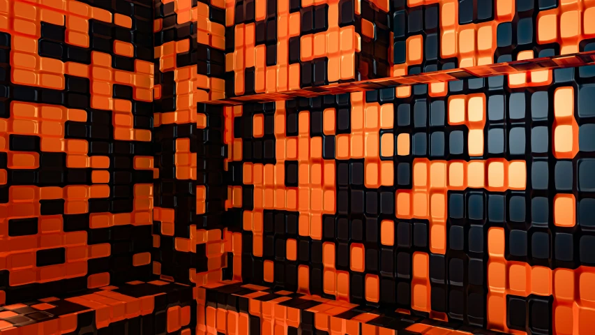 a group of orange and black squares in the middle of a room