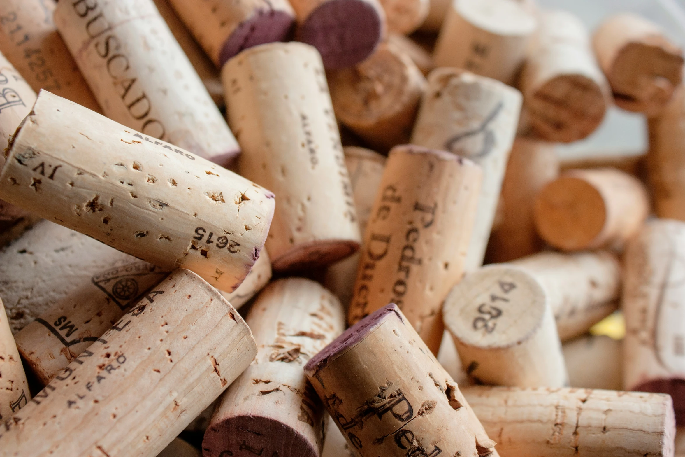 a close up of many wine corks