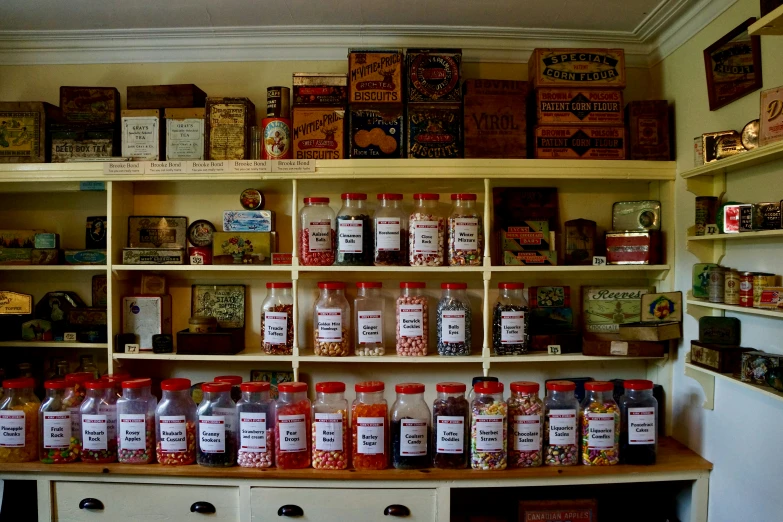 this cupboard has spices and other items on the shelves