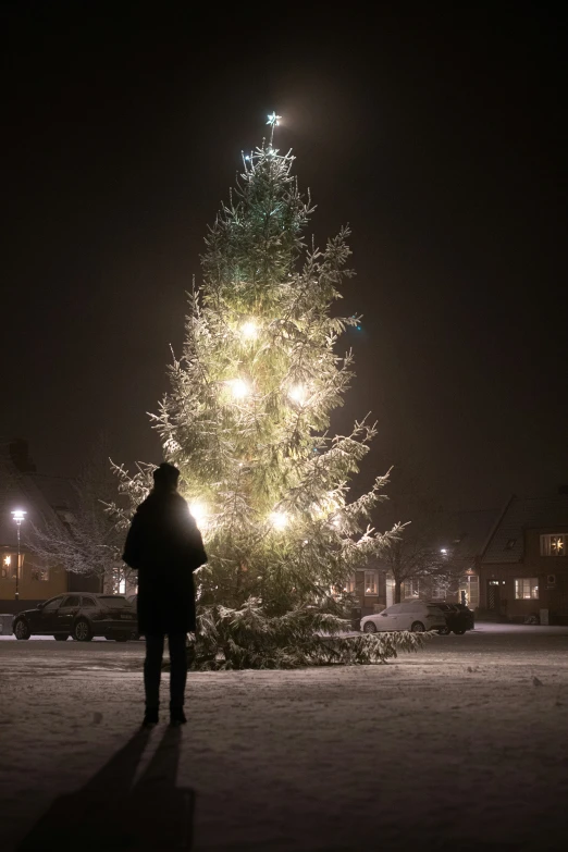 the person is standing near the huge christmas tree