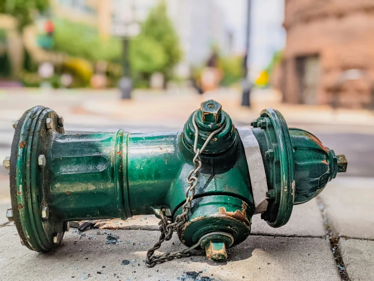 a green fire hydrant is shown on the sidewalk