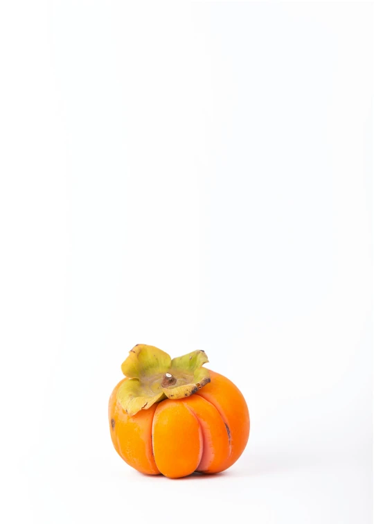 a small orange sitting on top of a white surface