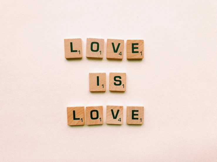 the word love is love spelled with letters arranged on top of wood block pieces