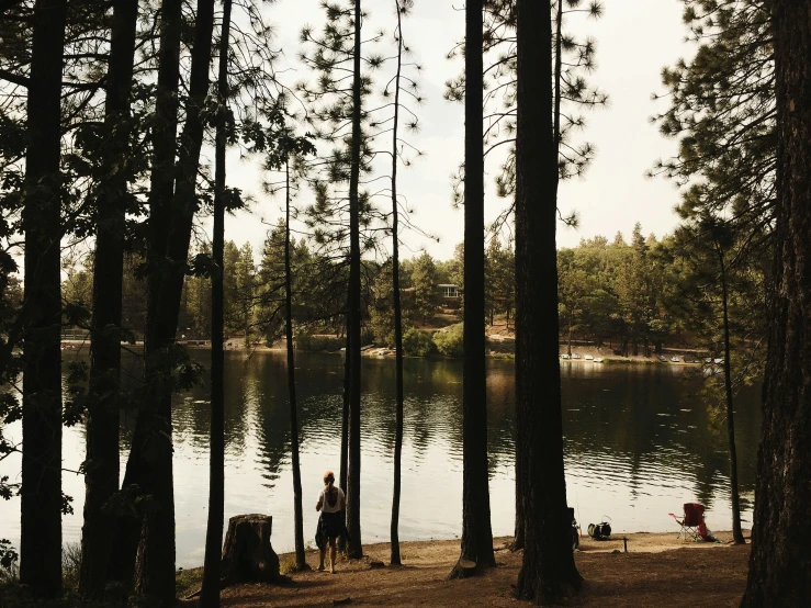 a view of a couple of people sitting next to the lake
