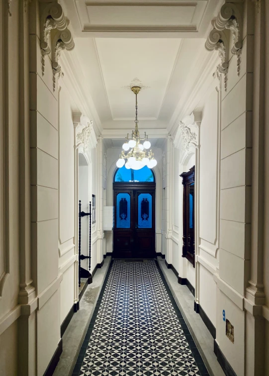 a corridor with blue door and ornate carpet