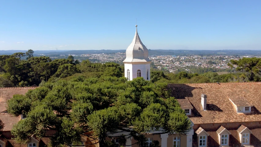 a church with a steeple, surrounded by buildings