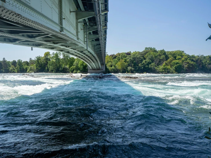 a large bridge spanning over a river near some trees