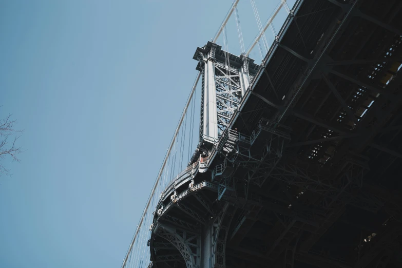 the view from below a suspension bridge as viewed from the ground