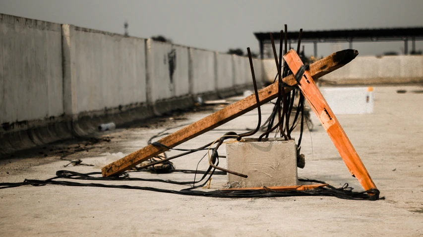 a pile of wires and poles that have been tangled