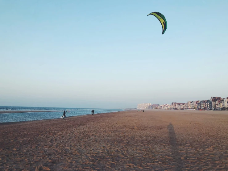 a couple of people are flying a kite on a beach