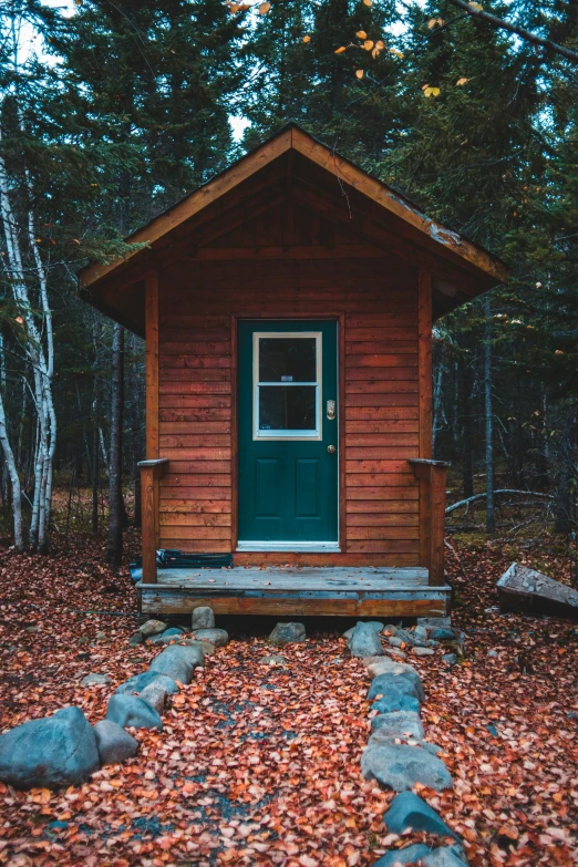 a small wooden cabin with a green door in the forest