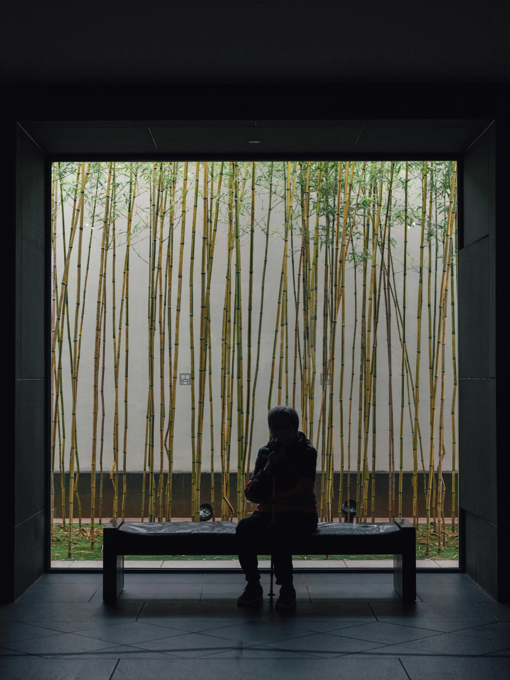 a person sitting on a bench in front of a wall