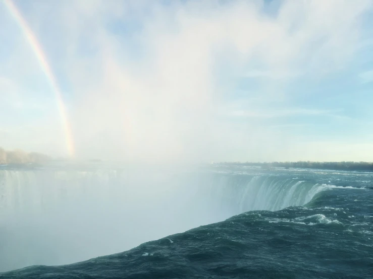 a rainbow in a cloudy sky over the side of a waterfall