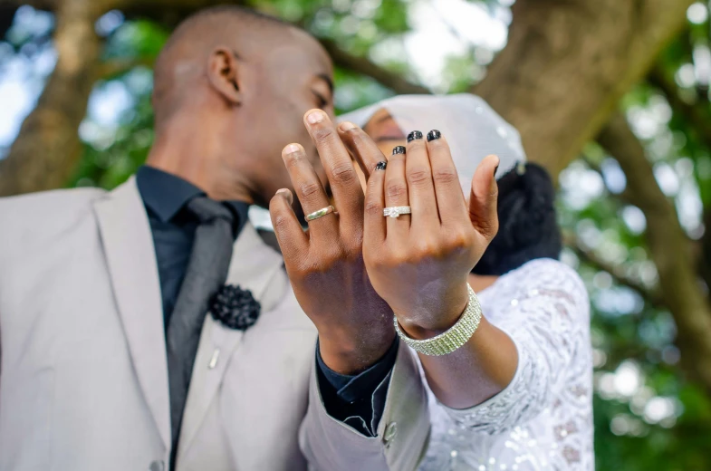 a bride and groom hold their hands together