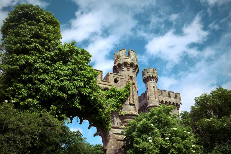 two towers sitting near some trees under a cloudy blue sky