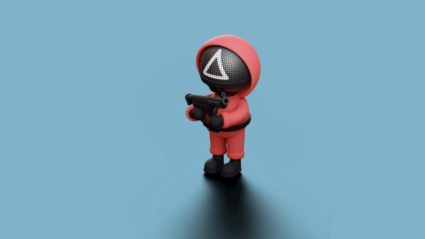an adorable pink toy pointing a gun