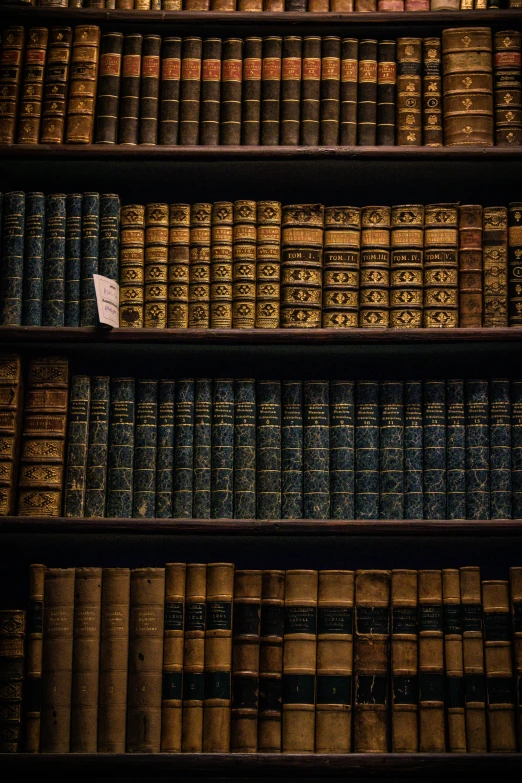 the books are lined up neatly together on the shelves