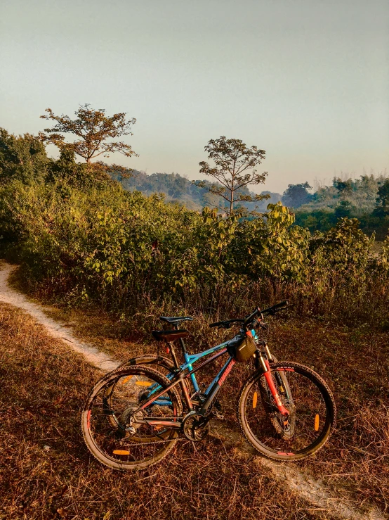 a blue bicycle leaning against the side of a dirt road