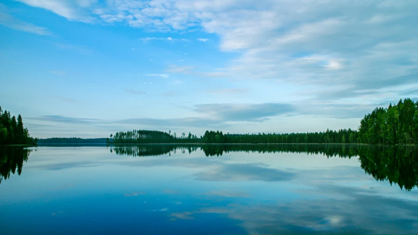 a calm lake surrounded by trees during a cloudy day