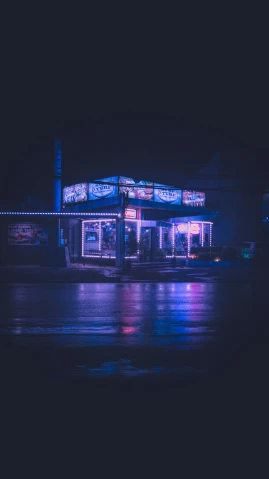 an illuminated restaurant across the street at night