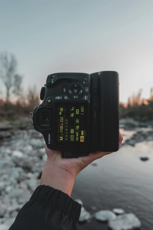 a hand holds a camera in the foreground while near a stream