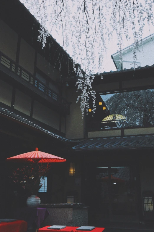 an image of some red chairs under the umbrella