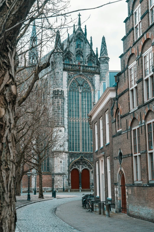 a cobblestone walkway leads to a cathedral and courtyard