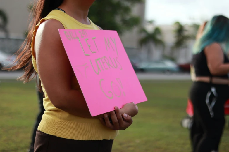 there are people with pink signs on the grass