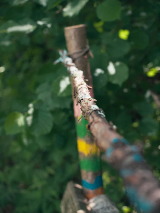 the fence is covered with a multi colored paint