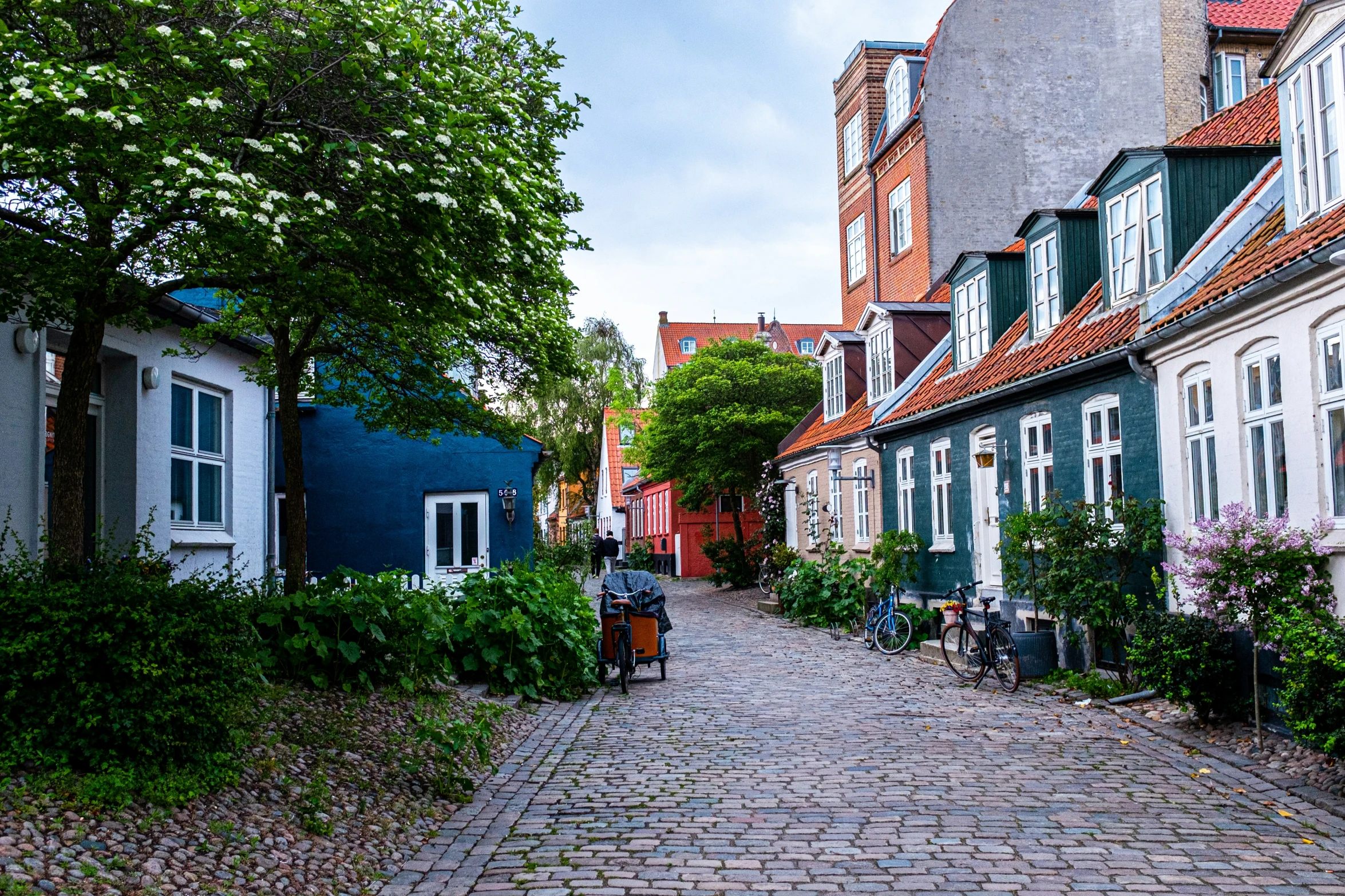 a cobbled street lined with several different colored buildings