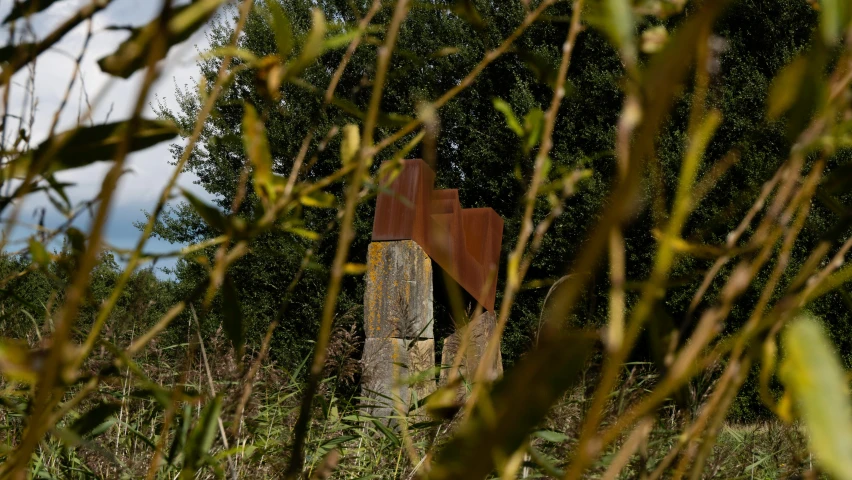 there are two sculptures in the middle of the woods