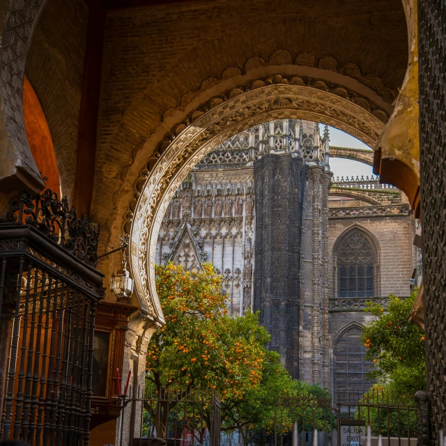 an archway leading to a very tall cathedral