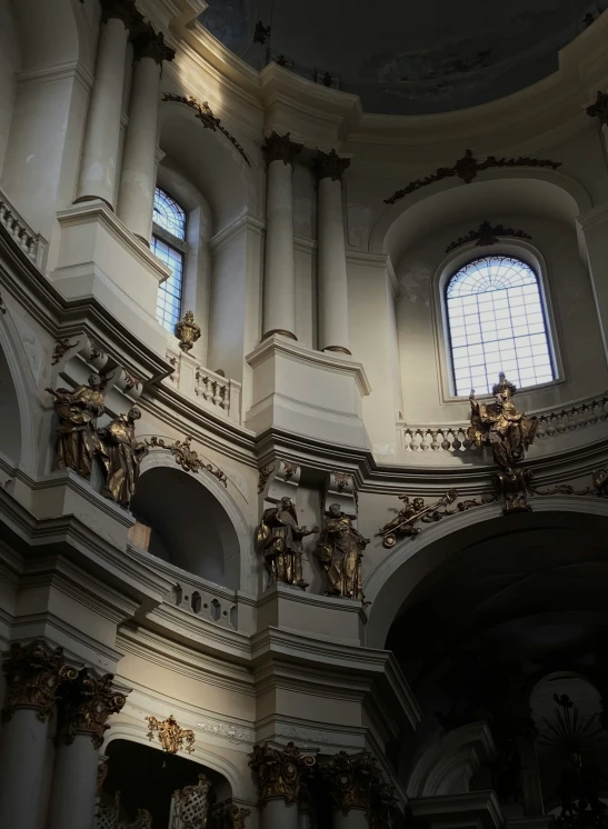 the view of an ornate building from inside