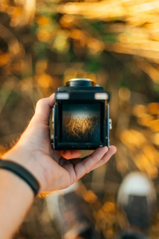 person holding a camera with some blurry image on it