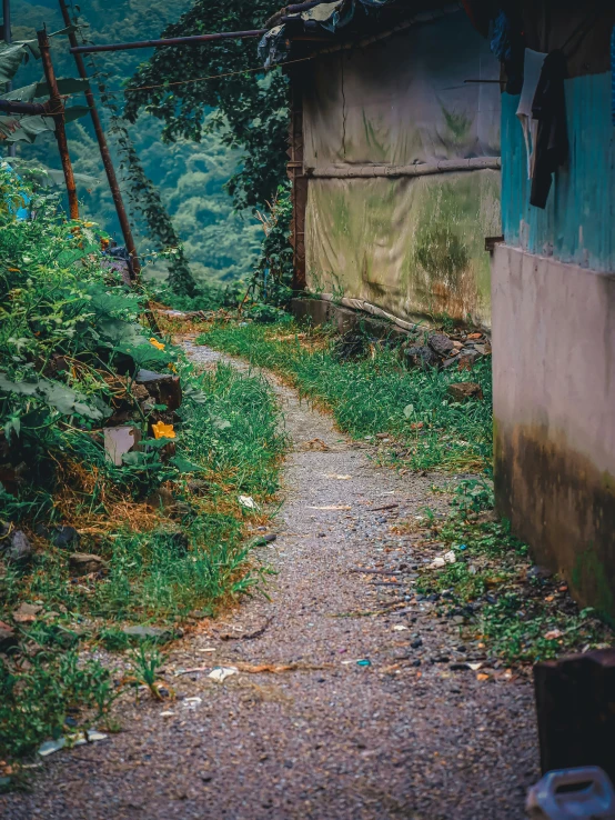 the sidewalk leading to a house that has a large wall