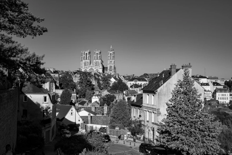 the sky is clear over many small houses