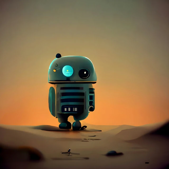 a robot sitting on top of a sand covered hill
