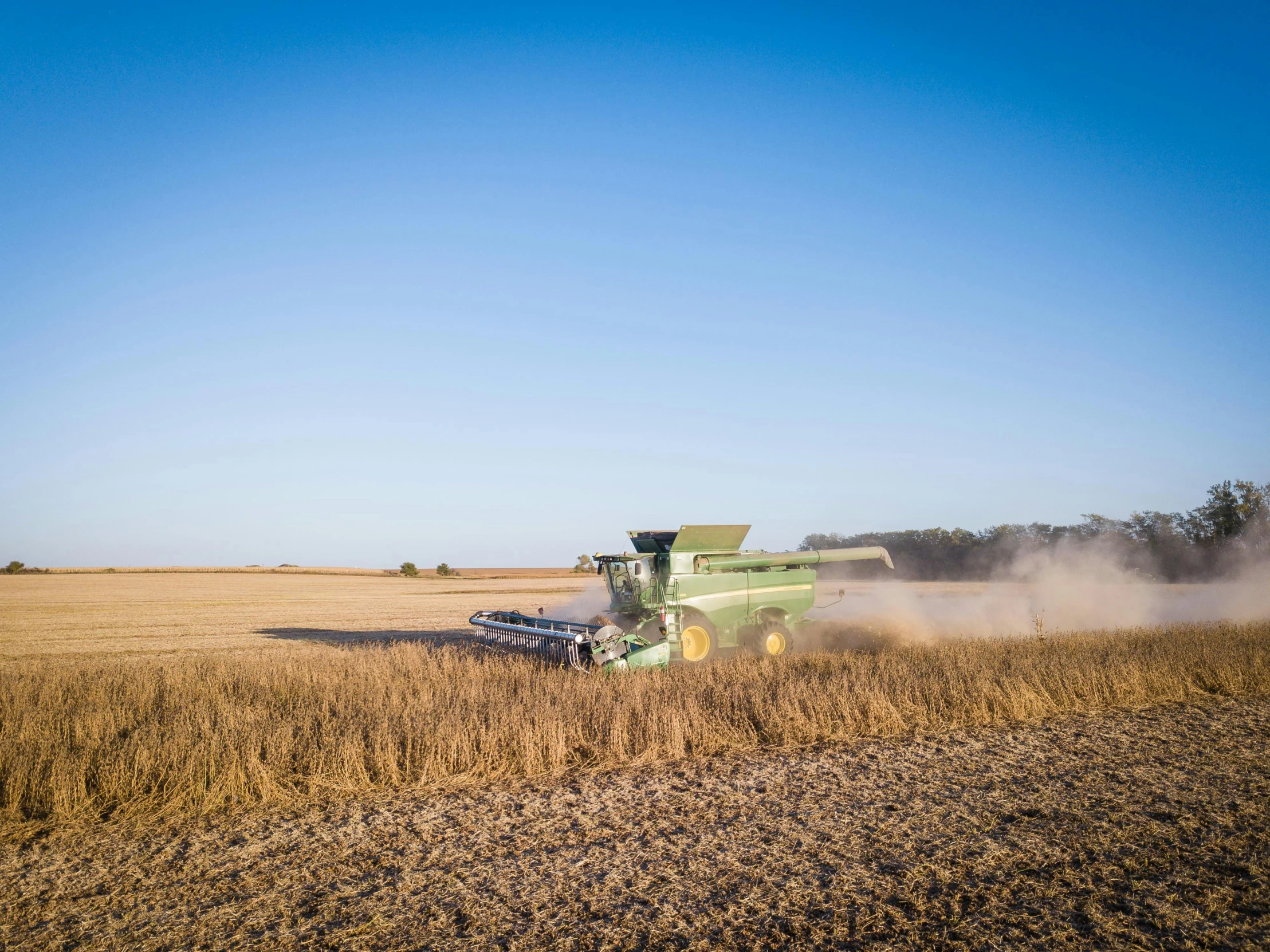 a combine in a field of dry grass with the sun shining