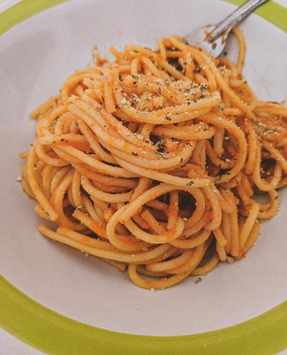 a plate of pasta with an open fork