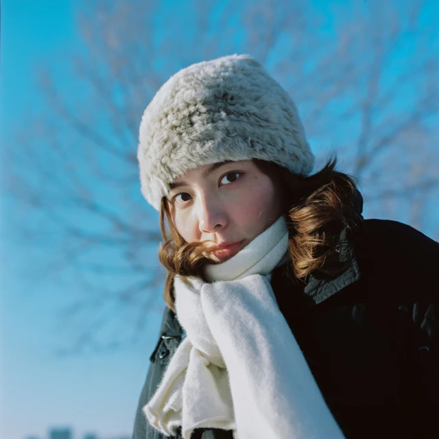 a woman with a scarf, hat and ear muffs is posing in the cold