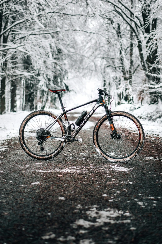 a bicycle sitting in the middle of a park in the winter