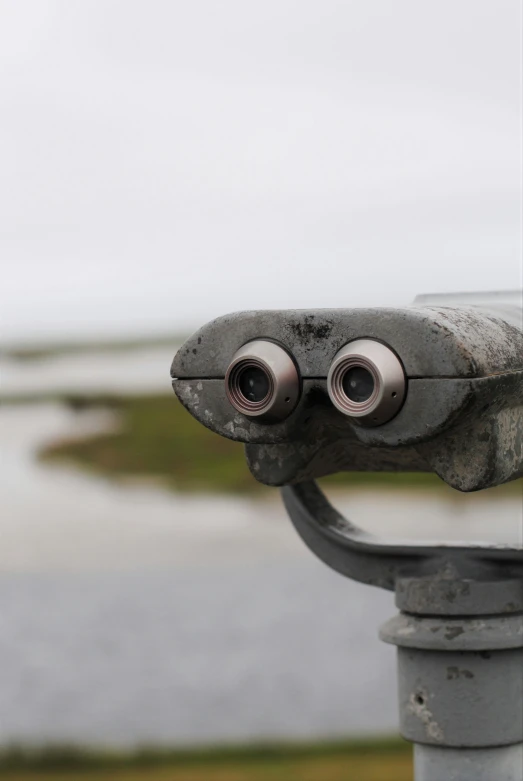 a metal pole with two eyes and wires