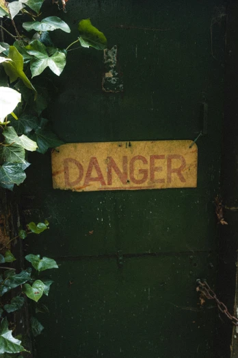 a danger sign on a door surrounded by plants