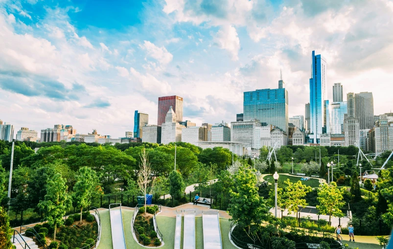 view of a park with skyline in the background