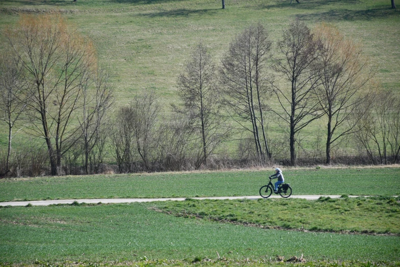 man riding a bike down a path next to grass and trees