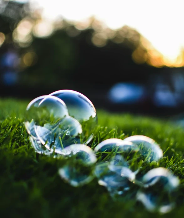 the bubble has many bubbles around it on some grass
