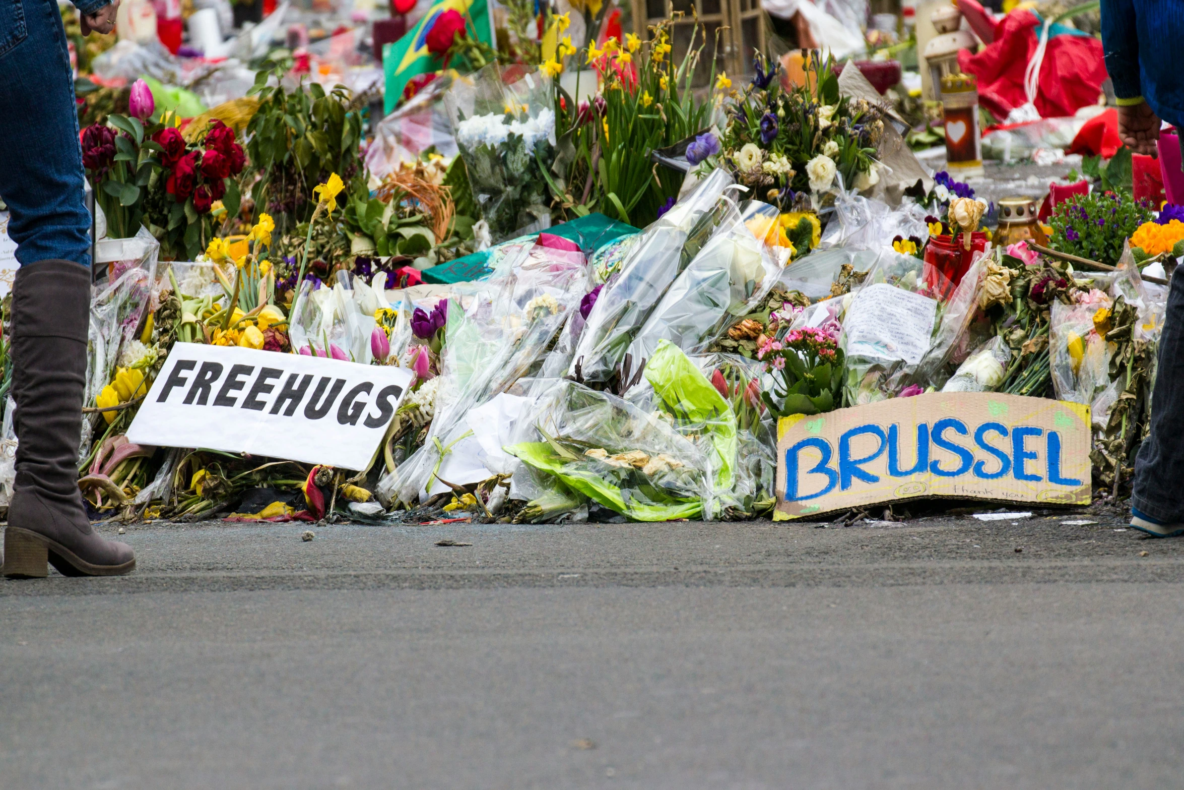 people are walking near flowers and flowers written on signs